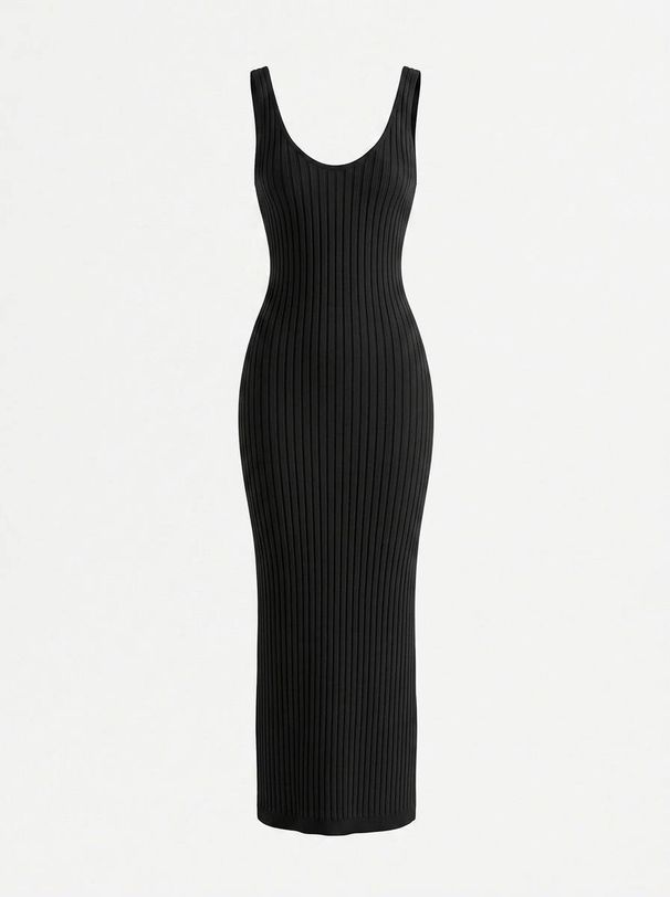 Business Daily Solid Black Ribbed Tank Dress, Slim Fit Split Hem Formal Commuter Dress_ecoleips.com