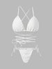 Women White 3D Floral Textured Wrap Around Bikini Top Triangle Cup Criss Cross Back Halter Strappy Tie Waist Swimsuit Top Beach Bathing Suit_ecoleips.com