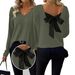 Elegant V-Neck Solid Color Sweater For Women | Loose Fit Long Sleeve Blouse With Bow Detail | Autumn Casual Top_ecoleips.com