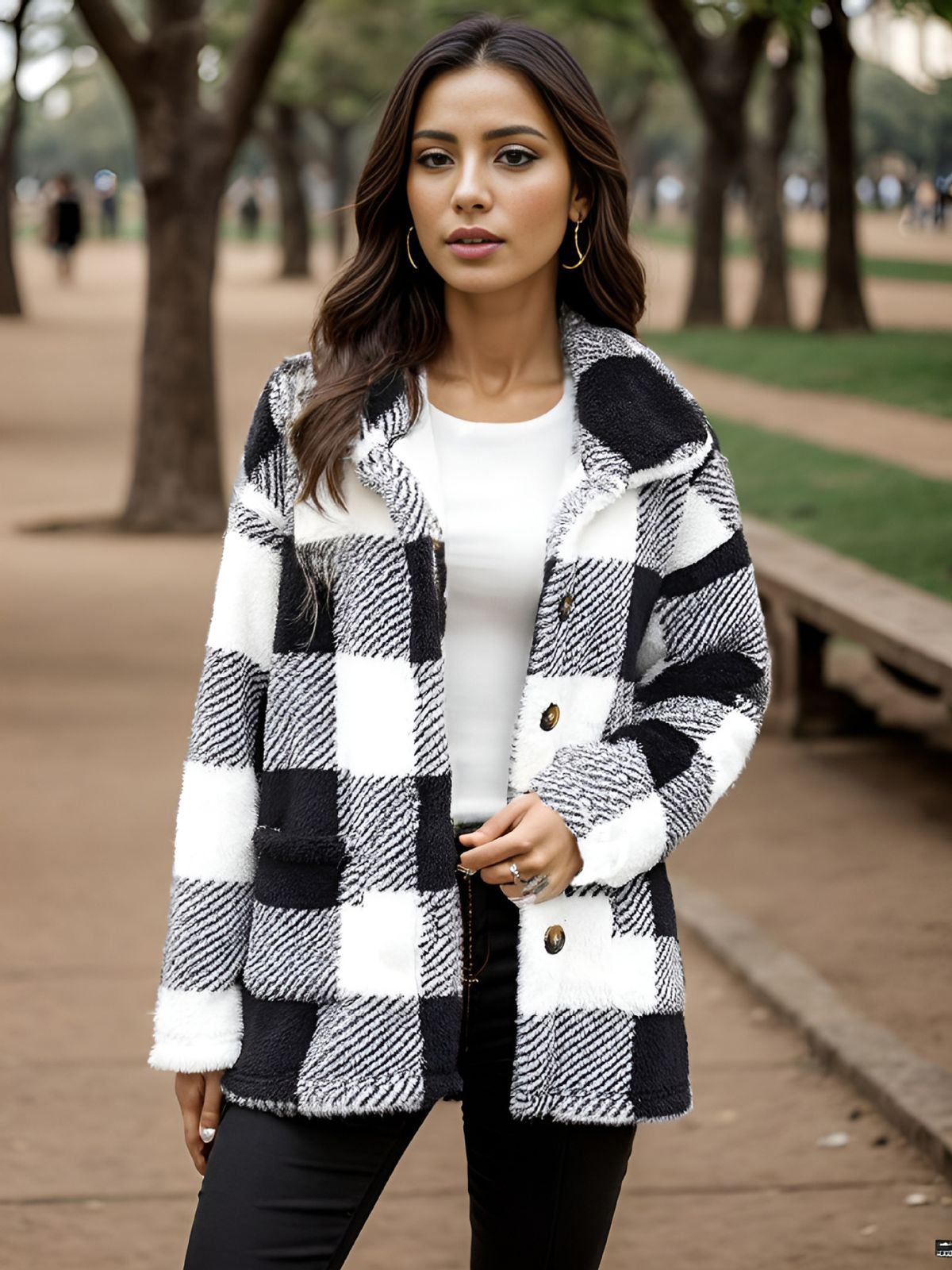 Women's Clothing Women's Plush Flannel Shacket – Oversized Checkered Coat With Button Front & Pockets_ecoleips.com