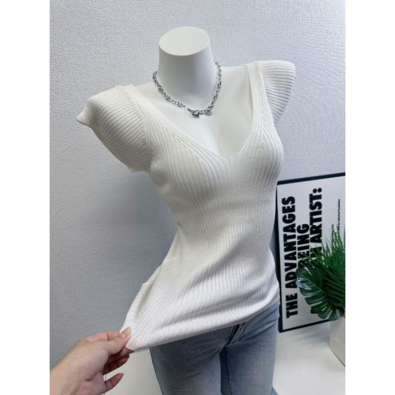 Women's Clothing Breathable Ribbed Knit Top – Flattering V-Neck Short Sleeve Blouse For Women_ecoleips.com