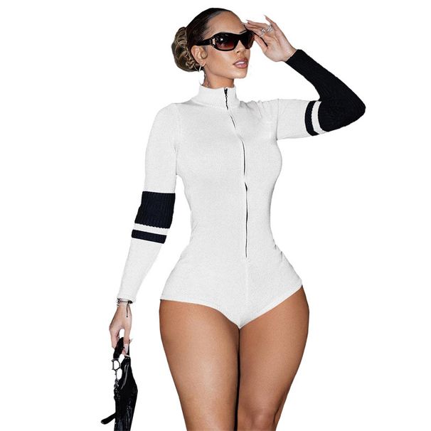 Sexy Rib-Knit Zip-Up Bodysuit With Contrast Trim - High Neck Motorcycle Style For Women High Neck & Full Zip_ecoleips.com