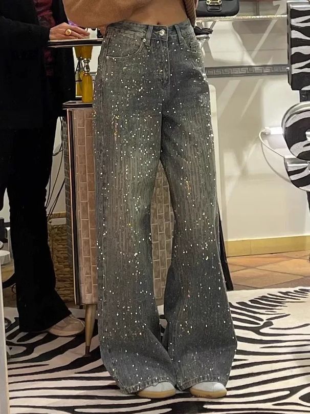 Vintage-Inspired Heavyweight Rhinestone Patchwork Jeans For Women – Star Studded & High-Waisted Wide-Leg Pants (S-XL)_ecoleips.com