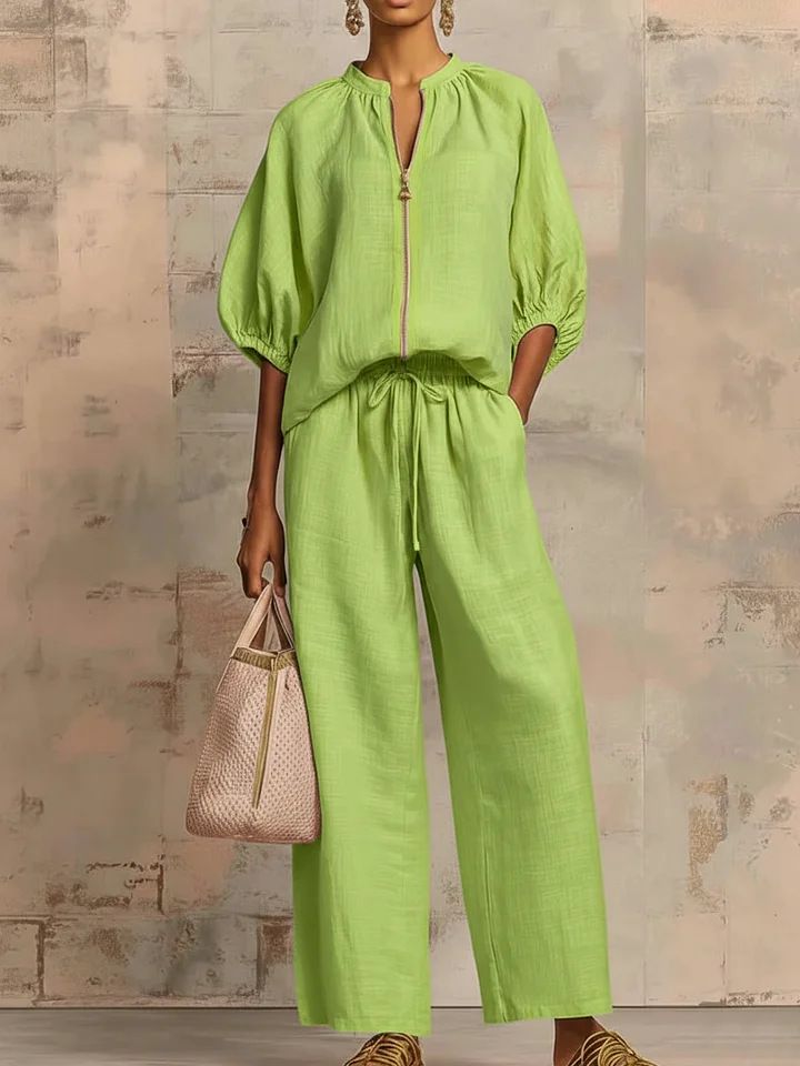 Women's Solid Color Zip up Sweatshirt And Straight Leg Pants Set Casual Loose Fit Autumn Summer European American Style_ecoleips.com