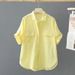 Women's Clothing Cotton Short Sleeved Solid Color Shirt Summer New Outer Shirt Design Double Pocket Loose Thin Top For Women_ecoleips.com