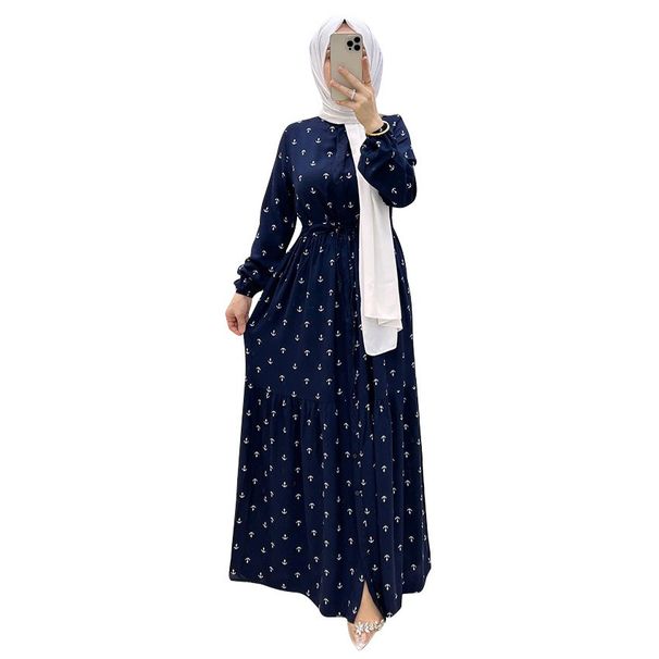 Modest Abaya Dress/Muslim Dress Women Elegant Muslim Abaya Dress With Bubble Sleeves & Tie-Waist – Modest Long Maxi Dress For Women (Blue)_ecoleips.com