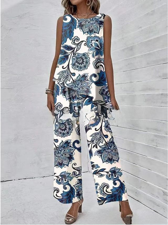 Women's Ethnic Style Printed Pant Set Sleeveless Irregular Vest And Full-Length Pants Casual Fashion Spring/Autumn Wear_ecoleips.com