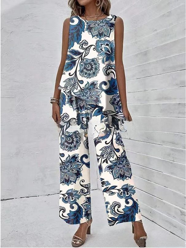 Women's Ethnic Style Printed Pant Set Sleeveless Irregular Vest And Full-Length Pants Casual Fashion Spring/Autumn Wear_ecoleips.com