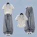 Women's Preppy Style Plaid Collared Top Embroidered Fashion Suit Wide Leg Jeans Lace Trim Set_ecoleips.com