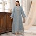 Muslim Dress Women "Elegant Jalabiya Dress With Tassel & Leaf Embroidery – Modest Muslim Long Robe With Mesh Detailing (Blue/White, M-XL)"_ecoleips.com