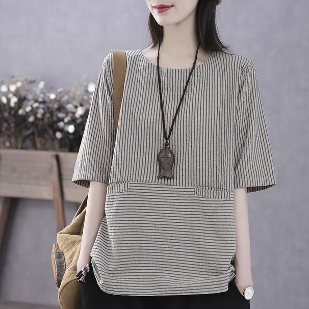 Vintage Mid-Sleeve Base Shirt For Women, Summer Thin Top, Stylish Small Shirt, Pullover, Loose Striped Half-Sleeve T-Shi_ecoleips.com