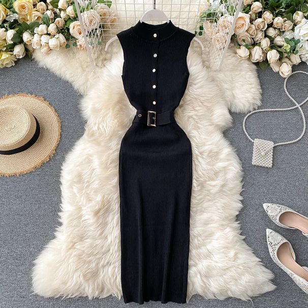European And American Stand Up Collar Button Down Slim Fit Stretch Knitted Vest Skirt With Slim Waist And Medium Length Hip Wrapped Bottoming Skirt_ecoleips.com