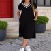 Fashion Women's plus Size Summer Dress V Neck Short Sleeve Loose Fit with Slit Hem England Style Regular Thickness_ecoleips.com