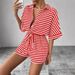 Women's Clothing Spring And Summer Striped Lapel Cardigan Button Mid Sleeve Belt Shorts Suit Jumpsuit_ecoleips.com