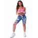 Women's Clothing Ripped Mid Waist Elastic High Elastic Medium Washed Blue Jeans Shorts_ecoleips.com