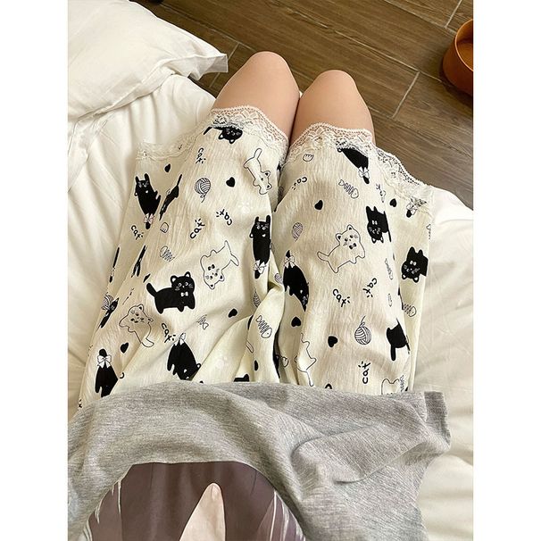 Pajama Pants Women Summer Shorts Thin Student Loose Plus Size Walking Cartoon Home Shorts Girl Cat Pattern Home Pants_ecoleips.com