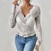 Women's Clothing Lace Blouse - Sexy V-Neck Long Sleeve Top With Floral Lace Trim - Black & White Slim Fit Shirt For Date Night_ecoleips.com