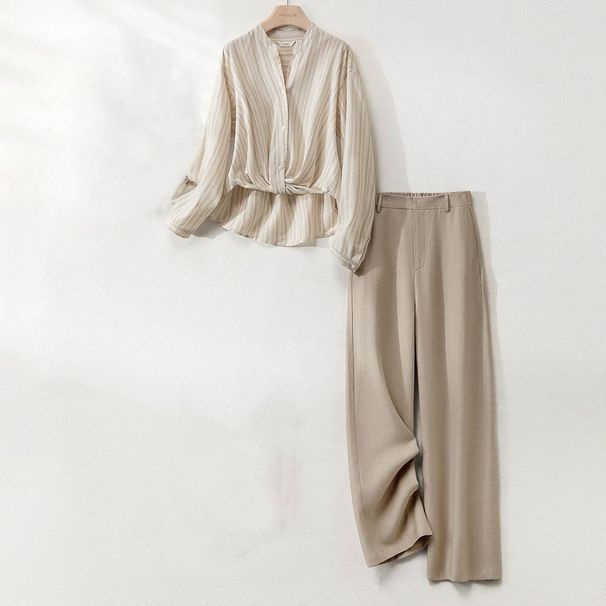 Women's Clothing Jacquard Striped Shirt Linen Pants Two Piece Suit Women Spring Fashion Design Pants Suit_ecoleips.com