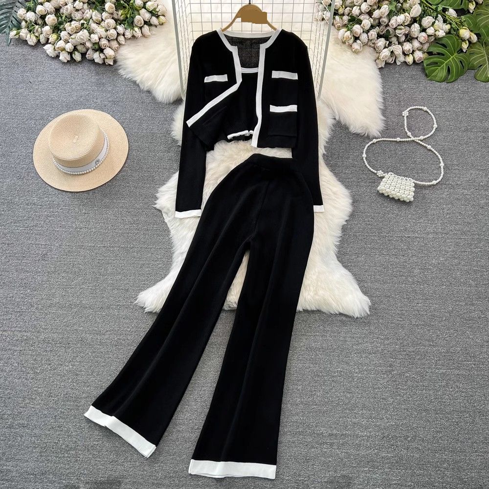 Women's Clothing Long Sleeved Contrast Color Knitted Cardigan Jacket Vest Three Piece Suit High Waist Slim Straight Wide Leg Pants_ecoleips.com