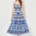 Blue And White Porcelain Print Women's Summer Suit Pure Lust Revealing Waist Camisole High Waist Mid Length Skirt_ecoleips.com