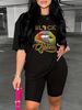 Summer Women's Casual Fashion BLACK Queen Print Loose T-shirt+shorts Two-piece Sportswear Suitable For Daily Wear-82_ecoleips.com