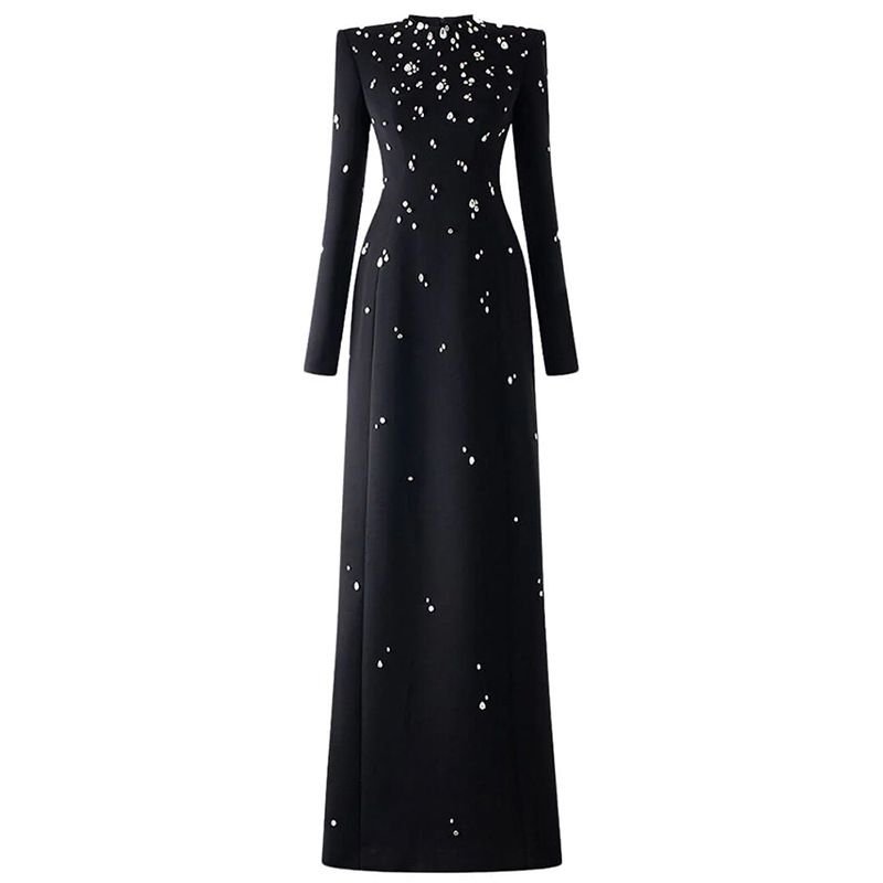 K Elegant Temperament, Heavy Industry Nail Bead Inlaid Diamond Long Sleeved Dress, Formal Dress, Long Skirt_ecoleips.com