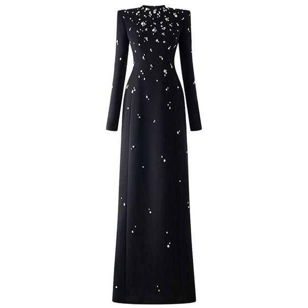 K Elegant Temperament, Heavy Industry Nail Bead Inlaid Diamond Long Sleeved Dress, Formal Dress, Long Skirt_ecoleips.com
