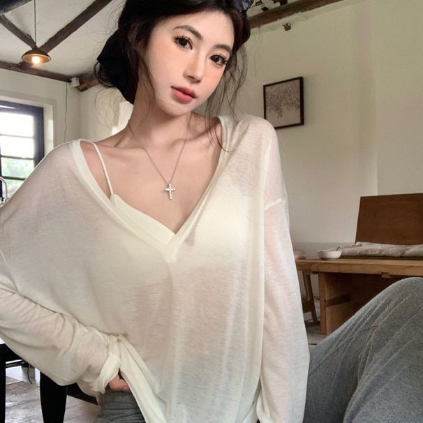 Thin Perspective Long Sleeved T-shirt For Women's Summer Loose Casual Korean Base Sun Protection Cover Up Top For Women_ecoleips.com