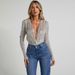 Women's Clothing Spring And Summer Solid Color Fashion Deep V Neck Long Sleeved Shirt Sequined Stitching Hip Wrapped Jumpsuit_ecoleips.com