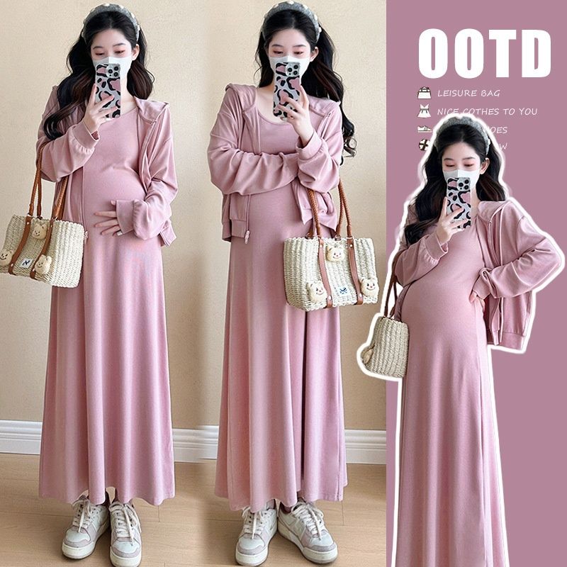 Autumn Korean Fashion Two-Piece Maternity Dress For Pregnant Women_ecoleips.com
