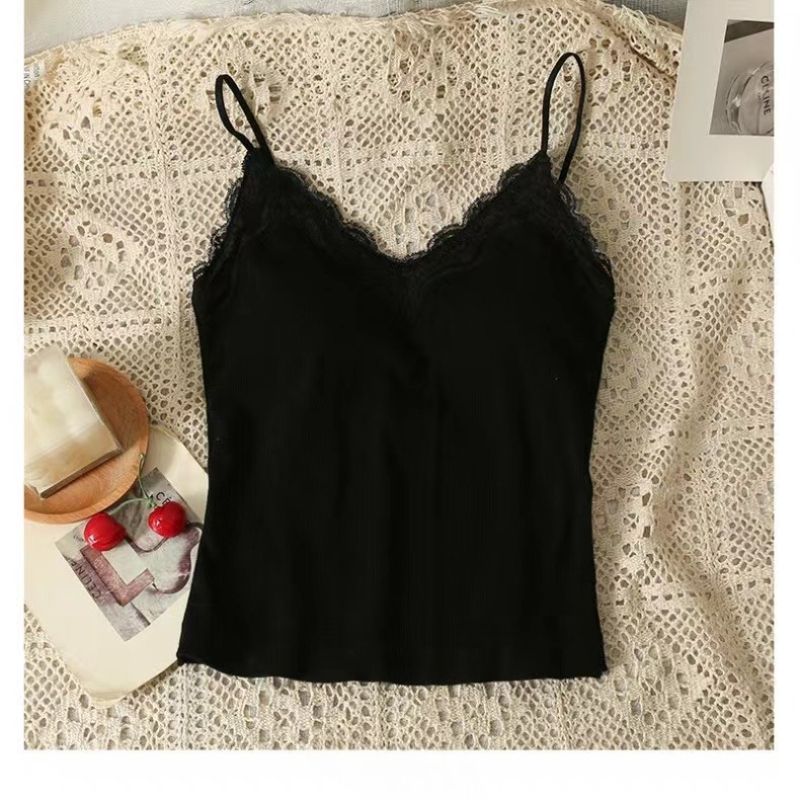 Women Sleeveless Tank Tops Solid Color Korean Version V Neck Slim Fashion Lace Stitching With Chest Pad Camisole_ecoleips.com