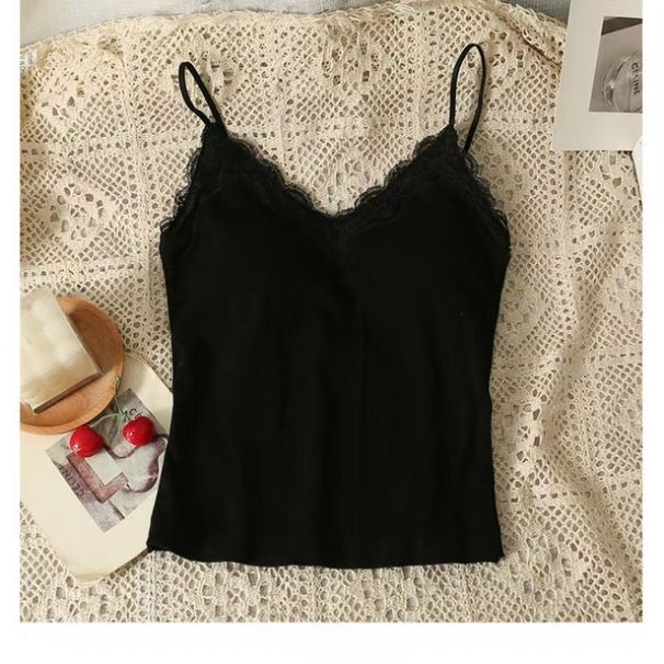 Women Sleeveless Tank Tops Solid Color Korean Version V Neck Slim Fashion Lace Stitching With Chest Pad Camisole_ecoleips.com