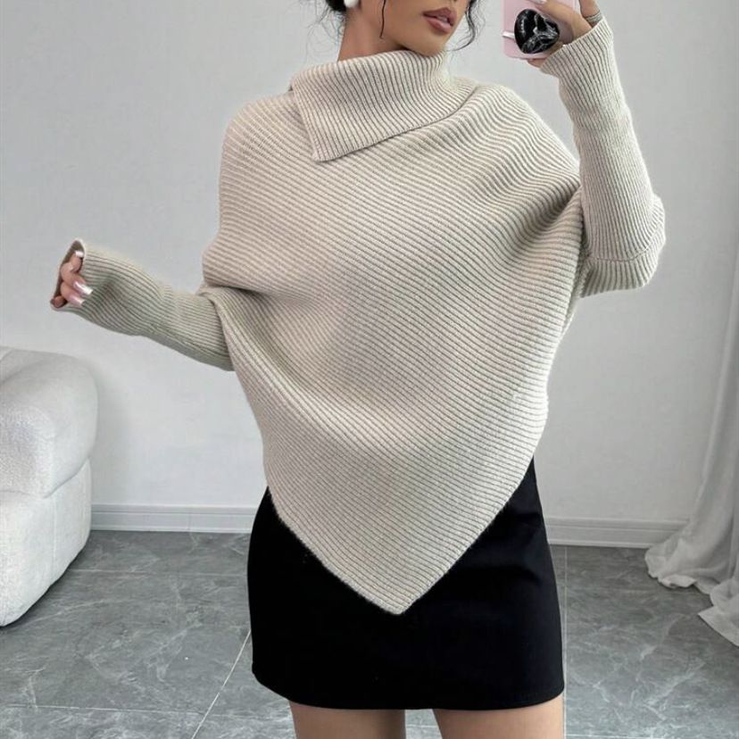 Women's High Neck Knit Sweater - Oversized Asymmetrical Design, Soft & Cozy Winter Pullover, Loose Fit Casual Tops For Streetwear & Daily Wear_ecoleips.com