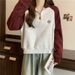 real Shot: Women's Color-blocked Long-sleeve Sweatshirt, Early Autumn Korean Style, Loose Fit, Half-zip POLO_ecoleips.com