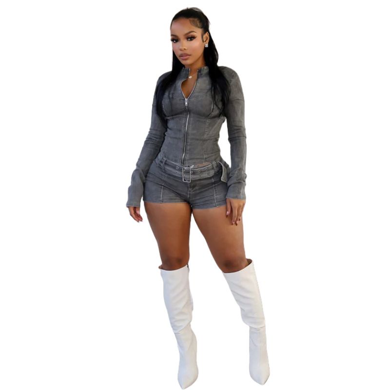 Women's Clothing Denim Shorts Suit Long Sleeved Elastic Shorts Belt Suit_ecoleips.com