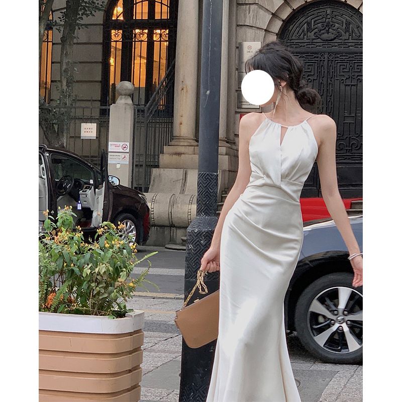 Elegant French Style Evening Gown off White Halter Neck Spaghetti Strap Satin Dress Women's Fishtail Long Skirt_ecoleips.com