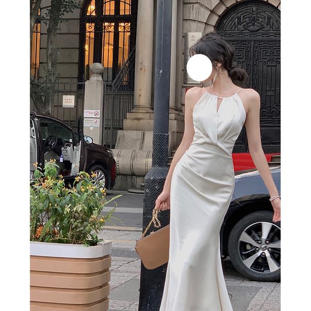 Elegant French Style Evening Gown off White Halter Neck Spaghetti Strap Satin Dress Women's Fishtail Long Skirt_ecoleips.com
