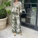 Women's Clothing V Neck Printed Long Sleeve Pocket Casual Suit Two Piece Set_ecoleips.com