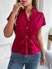 Women's Solid Color Short Sleeve Shirt Button Down Pull String Waist Casual Tops Spring Summer Fashion_ecoleips.com
