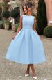 Women's Clothing Round Neck Cinching Full Skirt Elegant Summer Backless Maxi Dress With Round Neck, Wrap Waist & Flowy A-Line Skirt - White, Blue_ecoleips.com