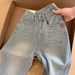 Light Blue Hot-Selling Rhinestone Straight-Leg Jeans For Women 2025 Autumn New Design High-Waisted Slimming Wide-Leg_ecoleips.com