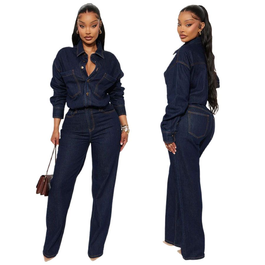 Vintage Washed Denim Jumpsuit – Relaxed Fit Long Sleeve Overalls With Stretch Comfort_ecoleips.com