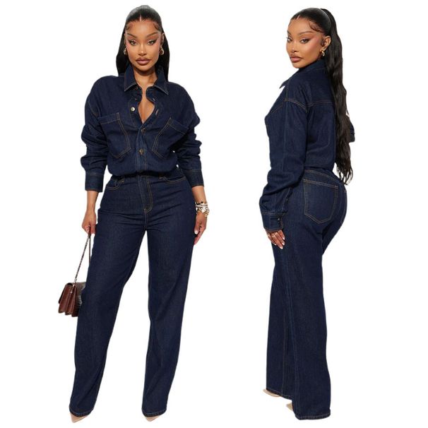 Vintage Washed Denim Jumpsuit – Relaxed Fit Long Sleeve Overalls With Stretch Comfort_ecoleips.com