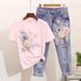 Women's Clothing popular women's fashion suit summer embroidered three dimensional flower T shirt + ripped nine point jeans_ecoleips.com