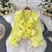 Women's Sweet Ruffled V Neck Blouse Trendy Niche Design Light Luxury Pleated Top for Spring And Autumn Vacation Style_ecoleips.com