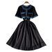 Women's Clothing Contrast Color Denim Stitching Round Neck Short Sleeved Dress With Drawstring Waist And Slim Mid Length Skirt_ecoleips.com