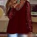 Women's Clothing Sequined Mesh Rhinestone Pleated Long Sleeve V Neck Pullover Top Casual Daily Vacation Wear_ecoleips.com