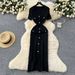 Women's Chic V-Neck Short Sleeve Knit Dress Elegant A-Line Summer Dress with Raw Hem Button Front Waist Defining_ecoleips.com