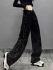 Women's Clothing High-Waisted Slimming Rhinestone Jeans Wide Leg Floor-Length Pants Loose Fit Versatile Straight Leg For Women Spring/Autumn_ecoleips.com