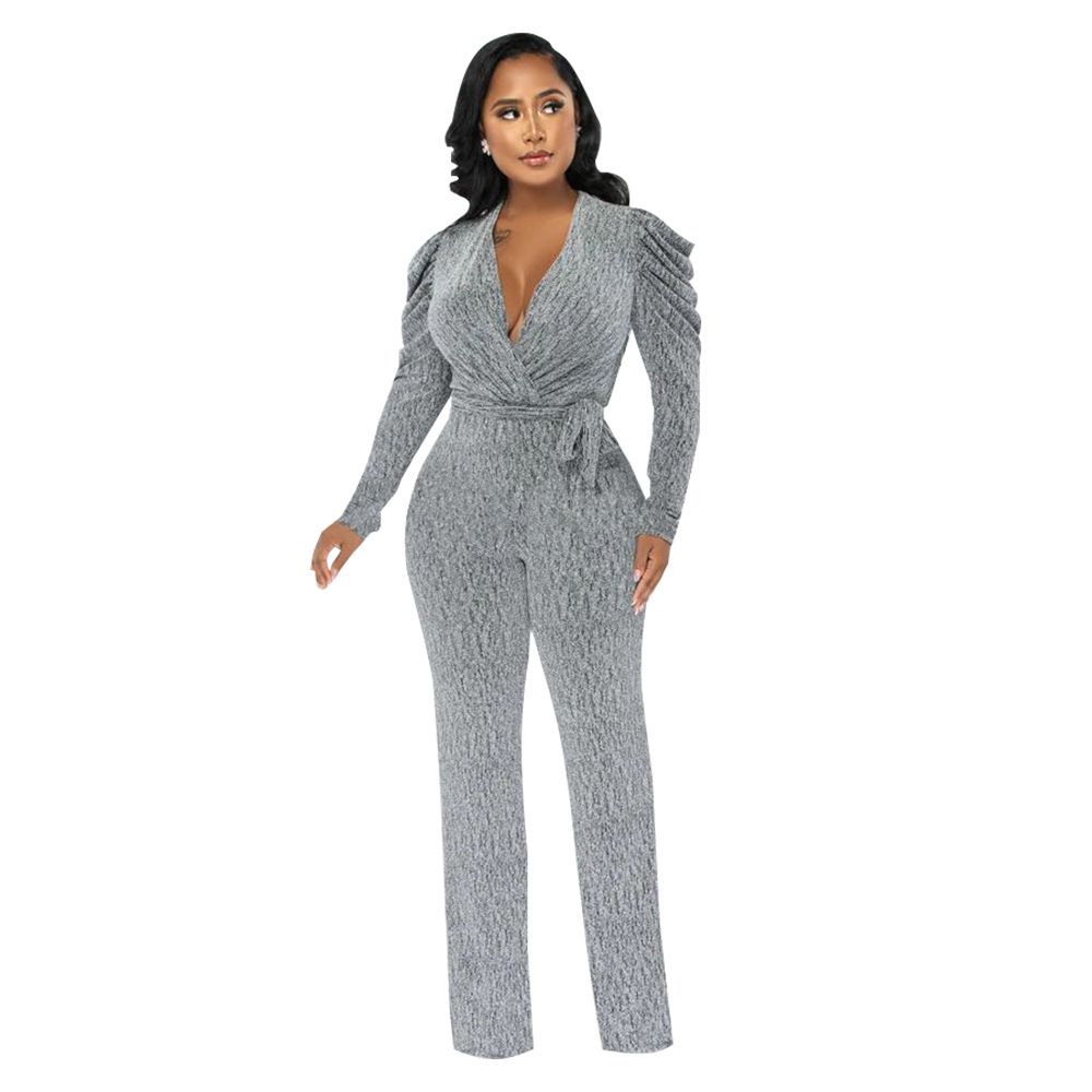 Women's Clothing Cinching V Neck Puff Sleeve Glossy Knit Sexy V-Neck Belted Jumpsuit With Puff Sleeves & Metallic Finish - Women's Shiny Knit Romper_ecoleips.com